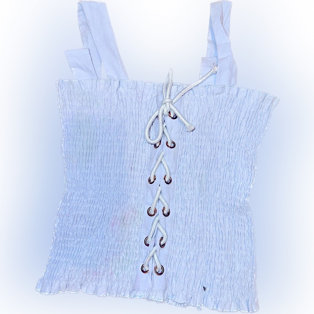 Ruched Sky Light Blue Tank Top With Lace Tie Up